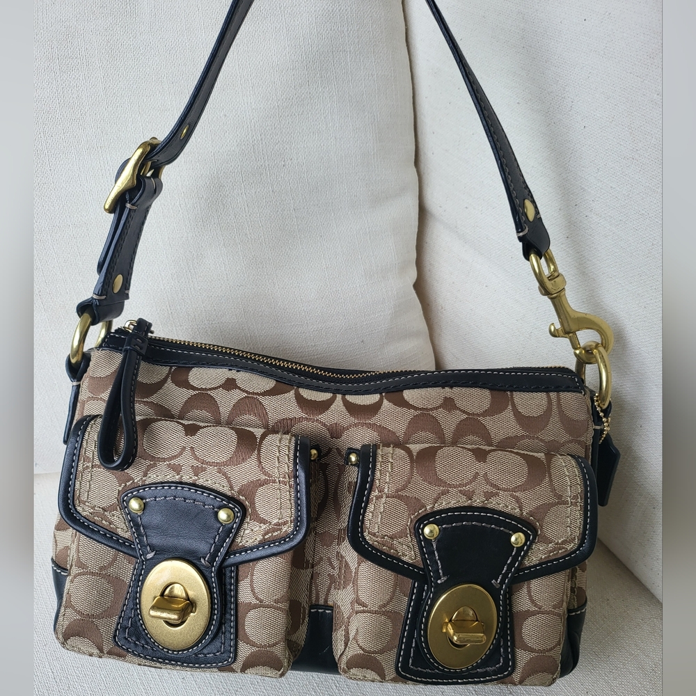 Coach Beige Signature Canvas Shoulder Bag with Black Trim and Gold Hardware